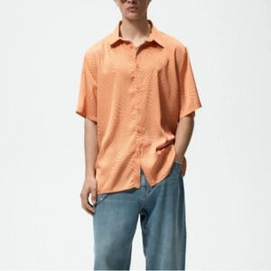Zara Geometric Print Shirt Button Up Trippy Checker Orange Short Sleeve